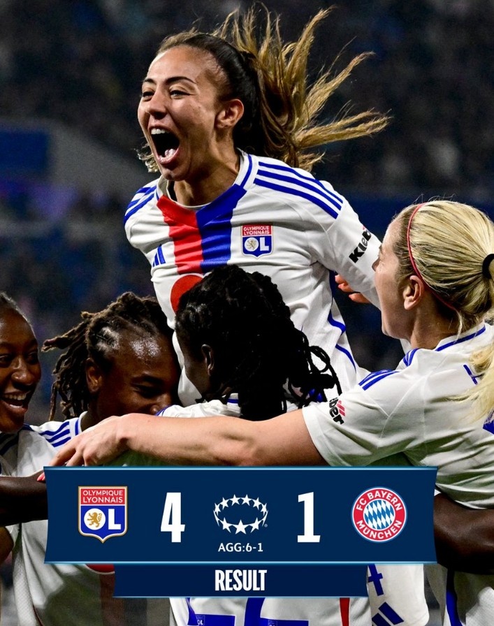 里昂女足4-1大勝拜仁女足，總比分6-1晉級女足歐冠半決賽